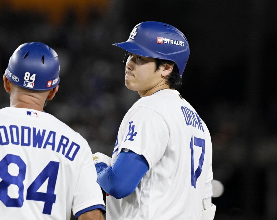 　ブレーブス戦の５回、左前打を放ったドジャース・大谷＝ロサンゼルス（共同）