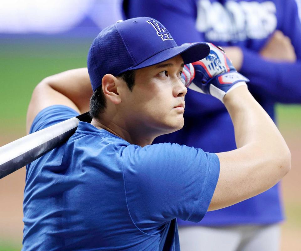 　打撃練習を行うドジャース・大谷（共同）