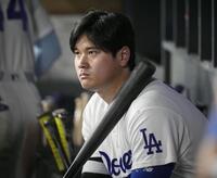 　米大リーグ、ブルワーズとのリーグ優勝決定シリーズ第４戦の９回、ベンチから試合を見る大谷翔平。４連敗で敗退が決まり、ワールドシリーズ３連覇はならなかった＝ロサンゼルス（ＡＰ＝共同）