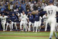 ワールドシリーズ進出を決め喜ぶレイズの選手たち（ＡＰ＝共同）