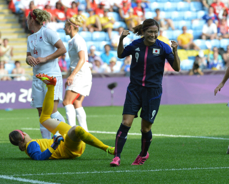 　前半、先制ゴールを決め、ガッツポーズをする川澄＝シティ・オブ・コベントリースタジアム（撮影・出月俊成）