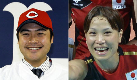 　結婚していたことがわかった広島・江草（左）とバレーボール女子日本代表・竹下