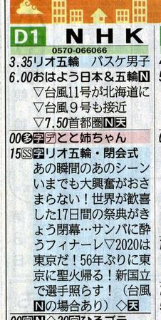 NHKの「リオ五輪・閉会式」のテレビ欄。頭文字を縦に読むと「あいましょう東京で」となる（２０１６年８月２２日付けのデイリースポーツ）