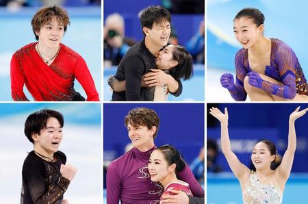 　フィギュアスケート団体で初の銅メダルを獲得した日本チーム。左上から時計回りに男子ＳＰの宇野、ペアの三浦、木原組、女子フリーの坂本、女子ＳＰの樋口、アイスダンスの小松原組、男子フリーの鍵山＝北京（共同）