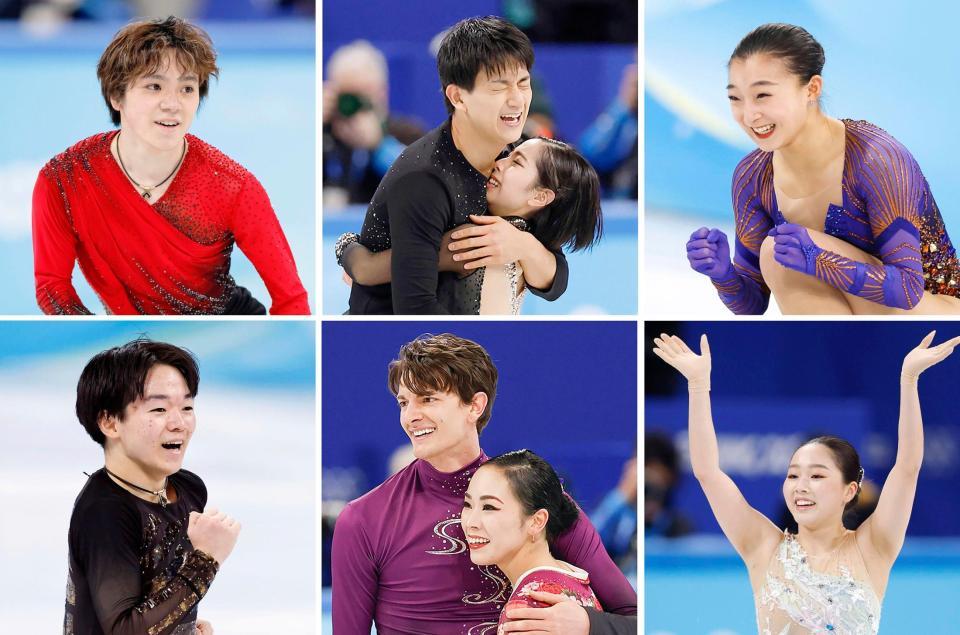 　フィギュアスケート団体で初の銅メダルを獲得した日本チーム。左上から時計回りに男子ＳＰの宇野、ペアの三浦、木原組、女子フリーの坂本、女子ＳＰの樋口、アイスダンスの小松原組、男子フリーの鍵山＝北京（共同）