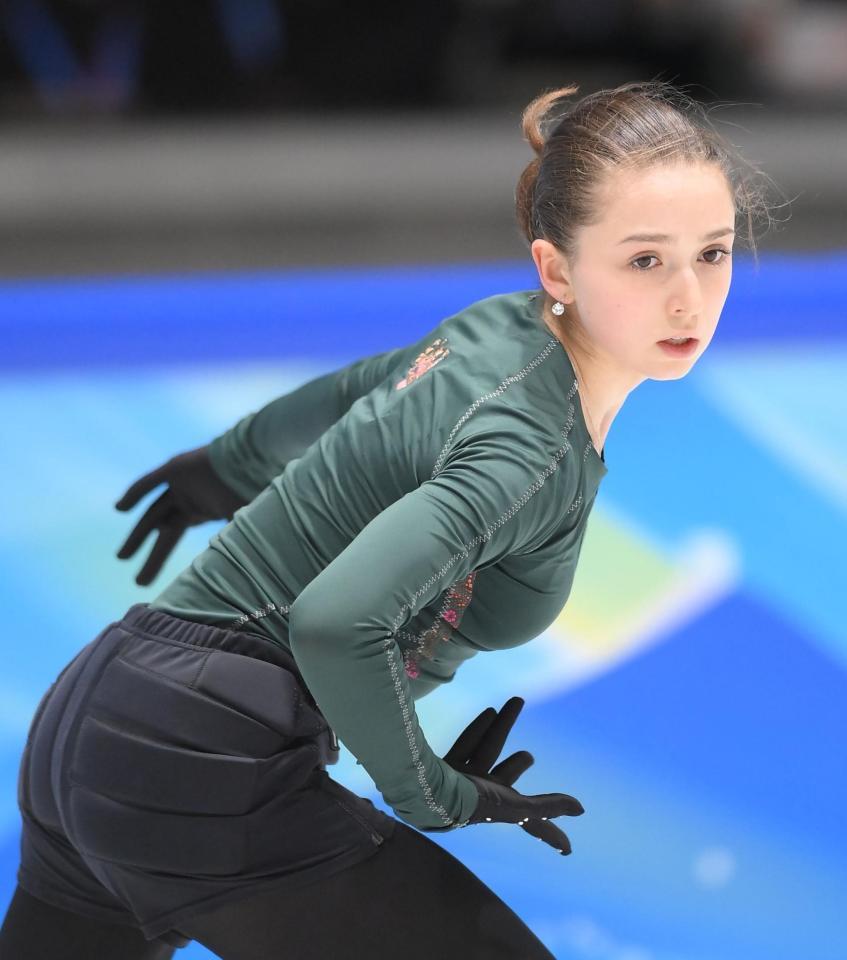 公式練習で調整を行ったワリエワ＝北京市内（撮影・堀内翔