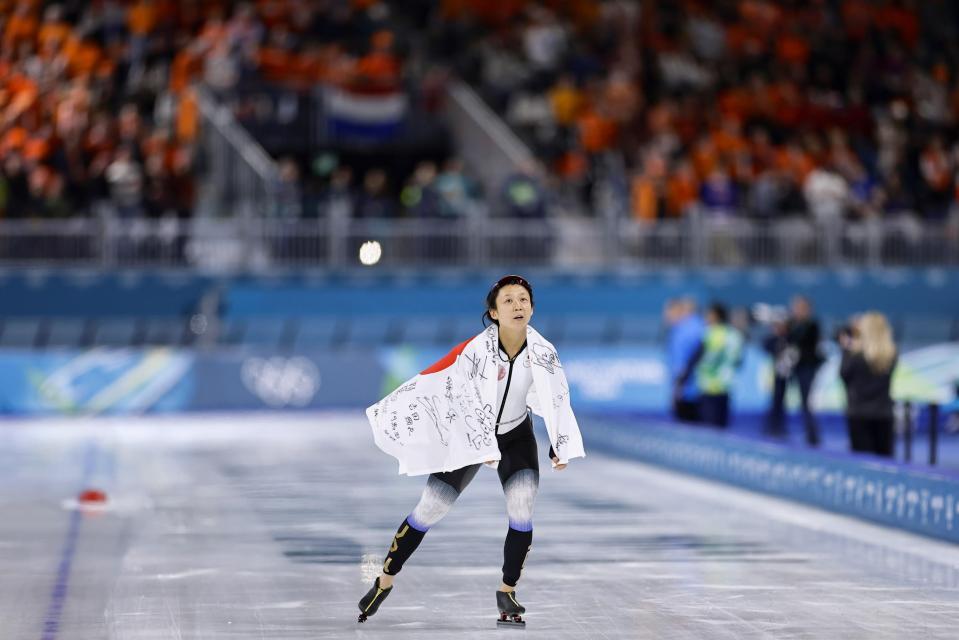 　女子１０００メートルのレースを終えた高木美帆。３大会連続のメダルとなる「銅」を獲得した＝ミラノ（共同）