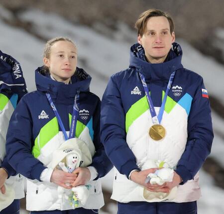金メダルに輝いたスロベニアのニカ・プレブツ（左）とドメン・プレブツ（撮影・吉澤敬太）
