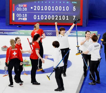 スイスに勝利し、喜ぶ小谷（右から３人目）ら日本チーム＝コルティナダンペッツォ（共同）