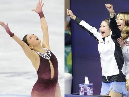 フィギュアスケート女子で銀メダルの坂本花織（左）と銅メダルの中井亜美。日本の冬季五輪の通算メダル数が１００個となった