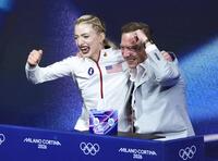 女子フリーの得点を確認し、喜ぶアンバー・グレン（左）＝ミラノ（共同）