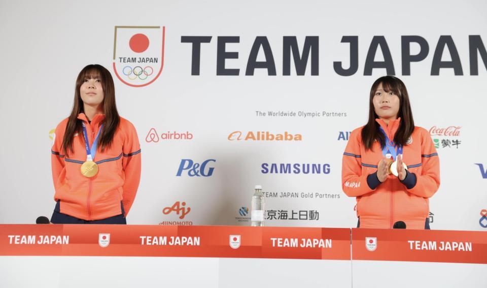 　会見する深田茉莉（左）と村瀬心椛（撮影・吉澤敬太）