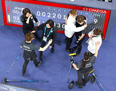 　１次リーグ最終戦で中国に勝利し、喜ぶ吉村（左上）ら日本チーム