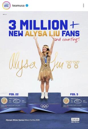 　アリサ・リュウの快挙を伝える米国選手団公式インスタグラム（ｔｅａｍｕｓａ）より
