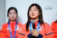 帰国し、記者会見するフィギュアスケートの坂本花織＝24日午後、東京都内
