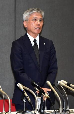 　緊急会見を行った日本体操協会・藤田直志会長（撮影・佐藤厚）