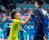 　女子シングルス１回戦でイタリア選手に勝利し、笑顔の平野美宇（共同）