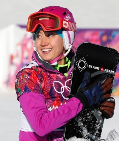 女子パラレル回転予選２回目のゴール後、笑顔を見せる竹内智香。13位で予選を通過した＝ソチ（共同）