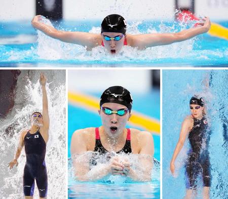 　女子４００メートル個人メドレーで優勝した大橋悠依。（上から時計回りに）バタフライ、背泳ぎ、平泳ぎ、自由形