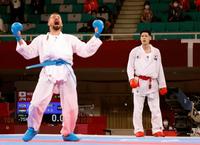 男子組手75キロ級１次リーグ、ハンガリー選手（左）に敗れた西村拳＝日本武道館