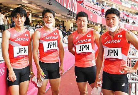 　男子４００メートルリレーメンバー（左から）多田修平、山県亮太、桐生祥秀、小池祐貴