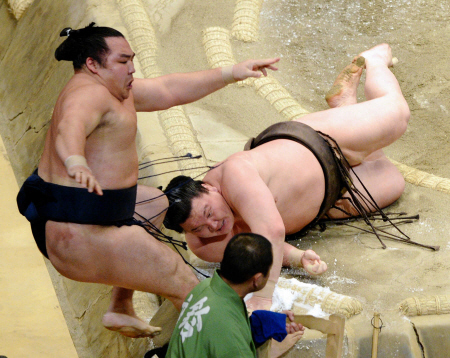 初場所の優勝決定戦で鶴竜（左）を破った白鵬