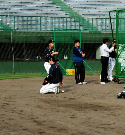 　練習を見守る日本ハムの通訳、野茂貴裕氏（中央）