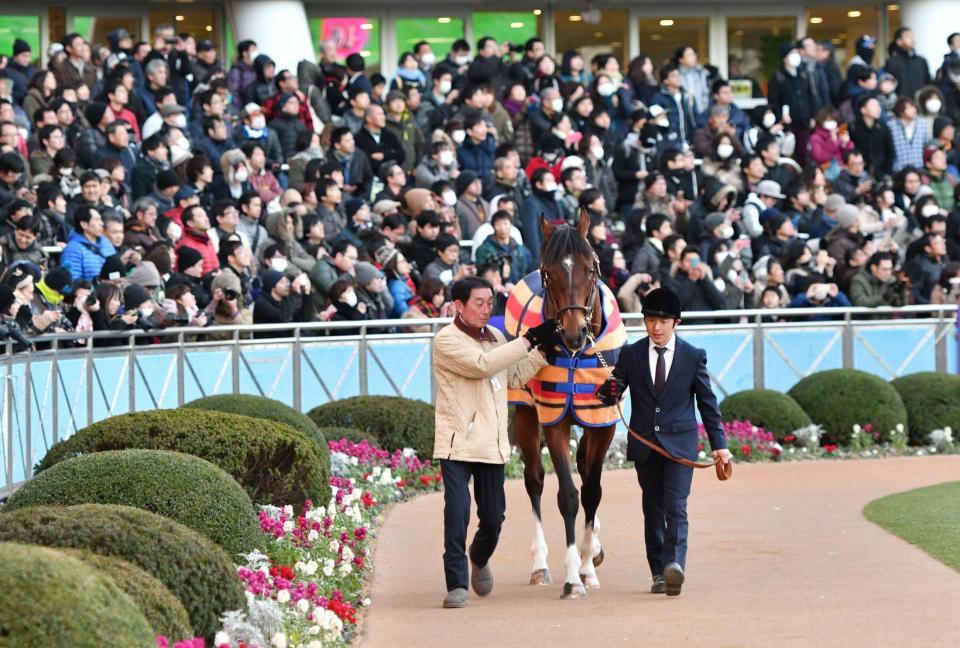 引退式でファンの前を堂々とパドックを周回するモーリス＝中山競馬場