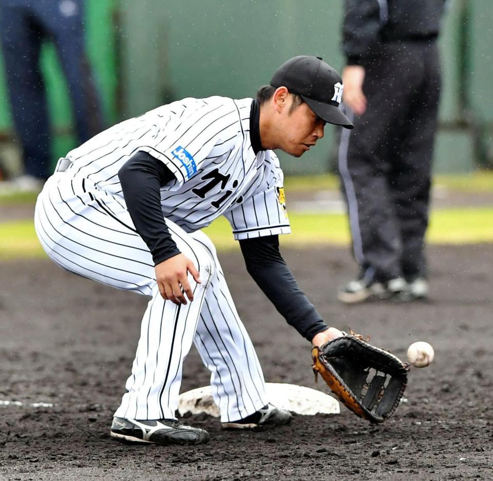 一塁の守備で打球を処理する阪神・原口文仁＝宜野座