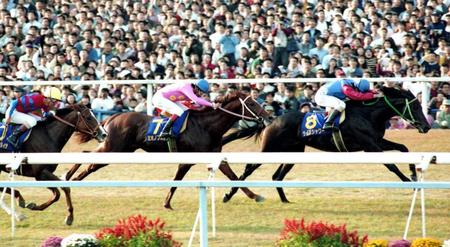 直線で失速し、ライスシャワー（右）に惜敗したミホノブルボン＝９２年１１月８日、京都競馬場