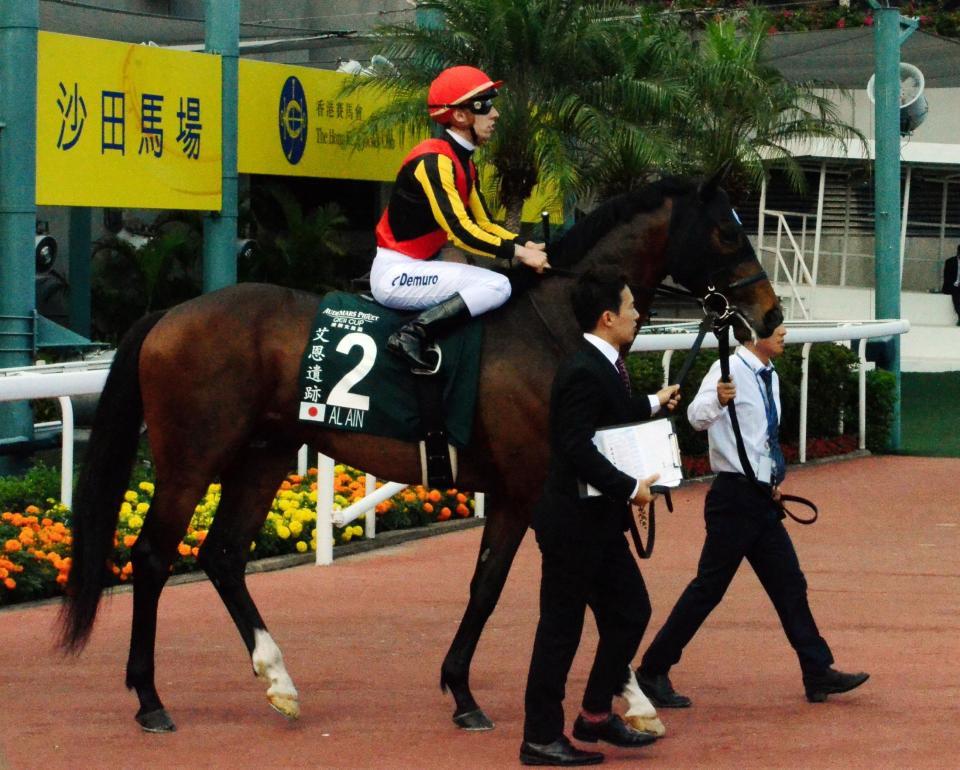 　クイーンエリザベス２世Ｃのレース前に馬場入りするアルアイン＝４月２９日、香港シャティン競馬場