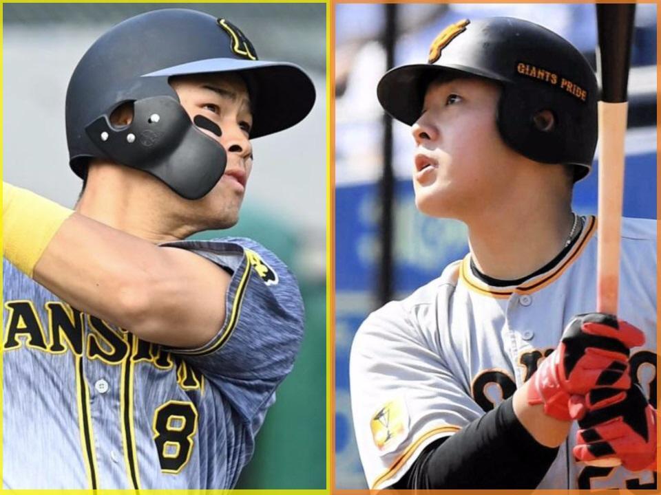 阪神・佐藤輝明×巨人・岡本和真（左から）