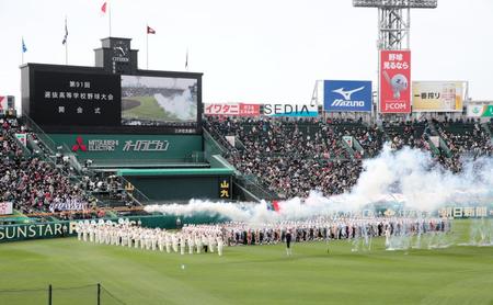 　第９１回選抜高校野球開会式で入場行進する選手＝２０１９年３月