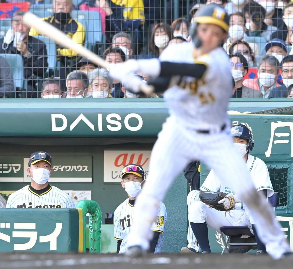 　９回、最後の打者となった中野（手前）の三振を見つめる矢野監督（中央）＝１７日