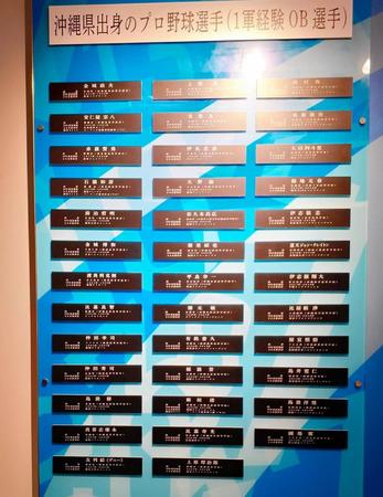 沖縄セルラースタジアム那覇にある沖縄出身のプロ野球ＯＢの名簿。安仁屋さんは左上から２番目