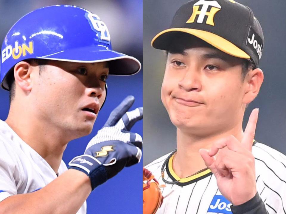 中日・細川成也（左）と阪神・大竹耕太郎（右）