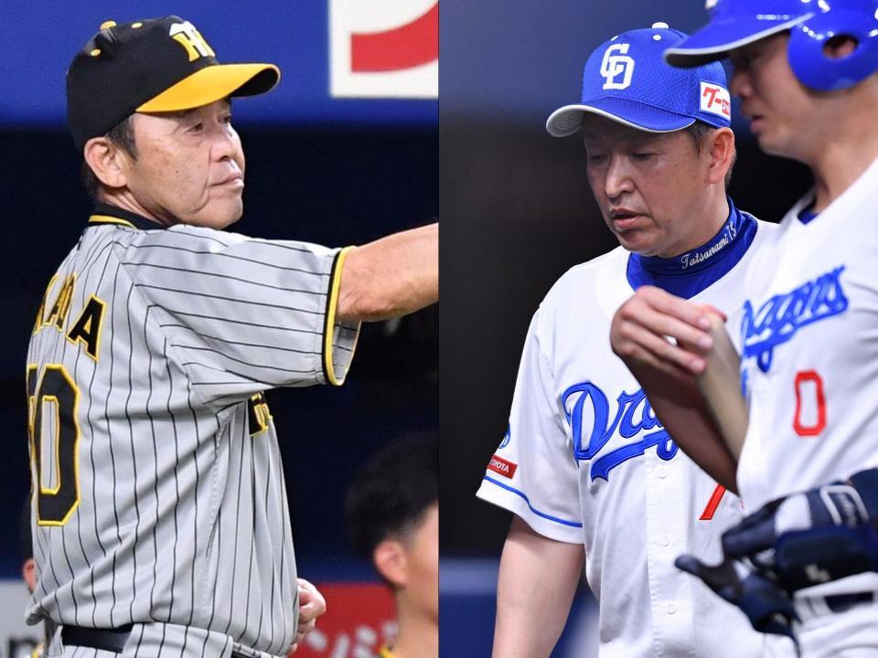 　首位の阪神・岡田監督（左）、最下位の中日・立浪監督（６日）
