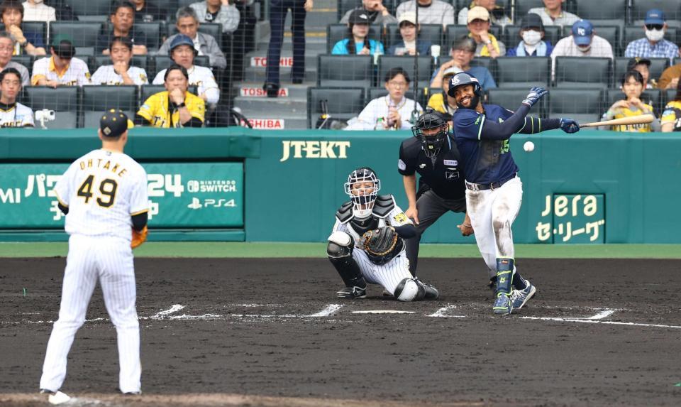 　４月２７日のヤクルト戦の７回、大竹（左）が２球目に投じたスローボールをファウルにし、苦笑いをするサンタナ