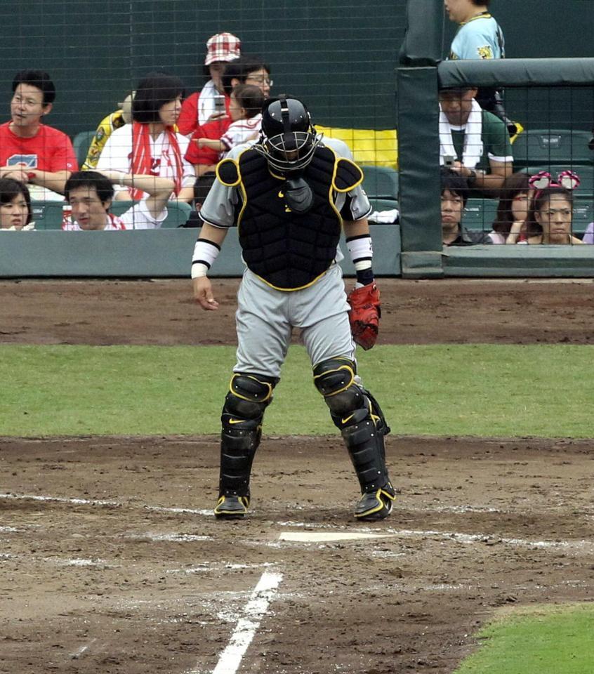 　城島健司は打者を打ち取りバッターボックスを丁寧にならす＝２０１０年１０月