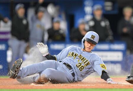 　近本の適時打で生還する小幡＝４月２２日、横浜スタジアム