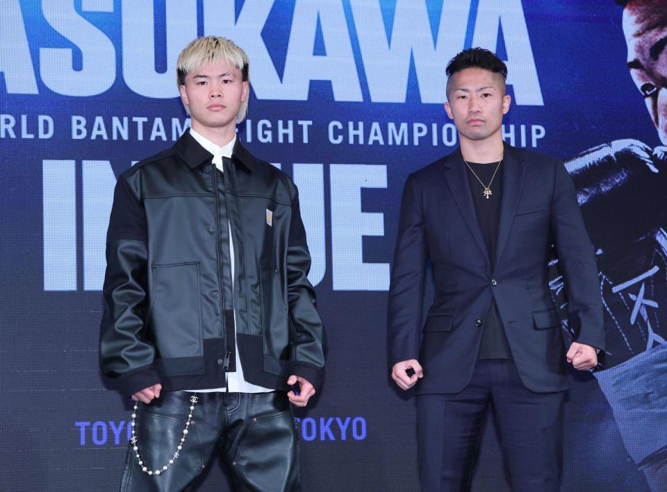 　対戦を発表した那須川天心（左）と井上拓真（撮影・金田祐二）