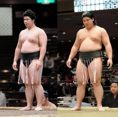 １３日の大相撲初場所４日目、昨年の春場所前相撲でデビューした当時（左）と比べ、ひと回り大きくなった西幕下８敗目の宇良和輝＝両国国技館（撮影・開出牧）