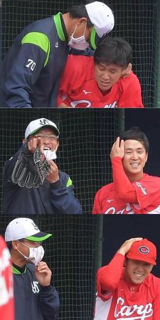 （写真上から）広島・上本（右）に頭突きするヤクルト・河田コーチ。カメラを見つけて笑顔。大げさに痛がる上本（撮影・堀内翔）