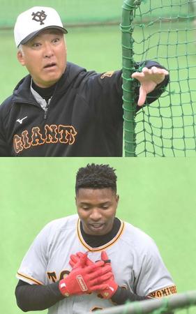 破れたネットに左手を入れる後藤コーチ（上）。安心した表情を見せるポランコ（下）（撮影・堀内翔）