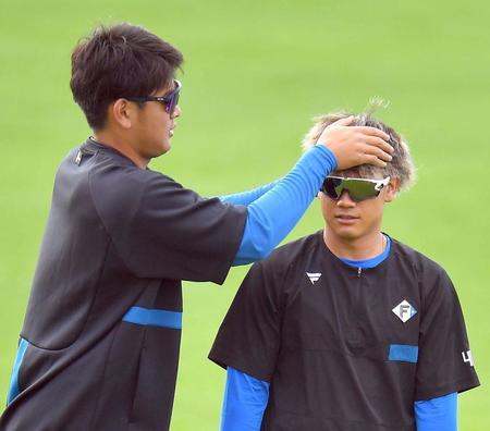 福田俊（右）のヘアスタイルが気になって仕方ない様子の日本ハム・野村佑希＝タピックスタジアム名護（撮影・伊藤笙子）