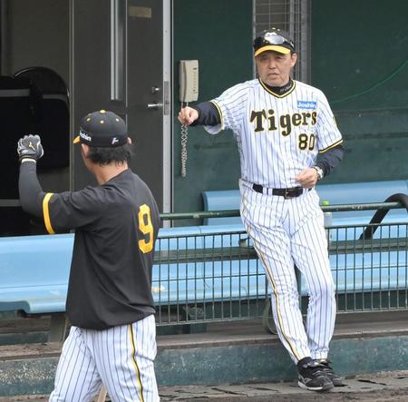 　高山（左）に打撃指導する岡田監督＝１０日（撮影・高部洋祐）