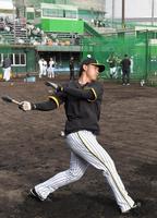 　岡田監督からの指導後、ロングティーで快音を響かせる高山＝１０日（撮影・高部洋祐）