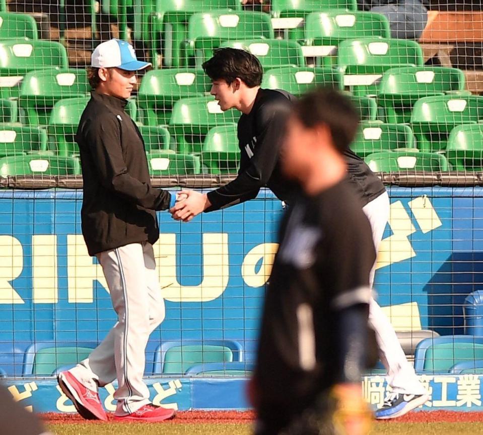 “侍ジャパンの絆”だ！試合前の練習中に三塁側ベンチ前に現れた日本ハム・伊藤大海（左）に駆け寄り握手を交わすロッテ・佐々木朗希＝４日、ＺＯＺＯマリン（撮影・開出牧）