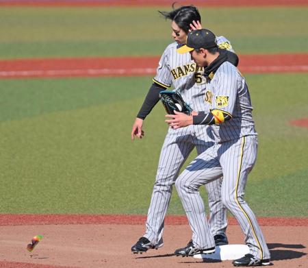 ５回、強風でサングラスが飛ばされる阪神・近本光司。奥は中野＝ＺＯＺＯマリン（撮影・堀内翔）