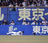 惜しくもダイビングキャッチならず転倒するロッテ・高部瑛斗。無情にも転がるボールとグラブが激しいダイビングを物語る＝８日、ＺＯＺＯマリンスタジアム（撮影・開出牧）